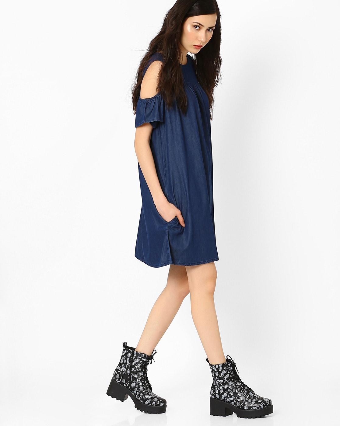Rachel Cold Shoulder Denim Dress in Blue - ShopperBoard