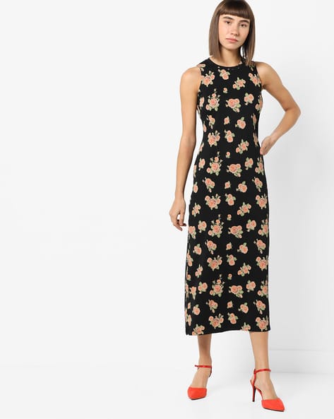 Floral Print Sleeveless A-line Midi Dress By BOSSINI ( Black )