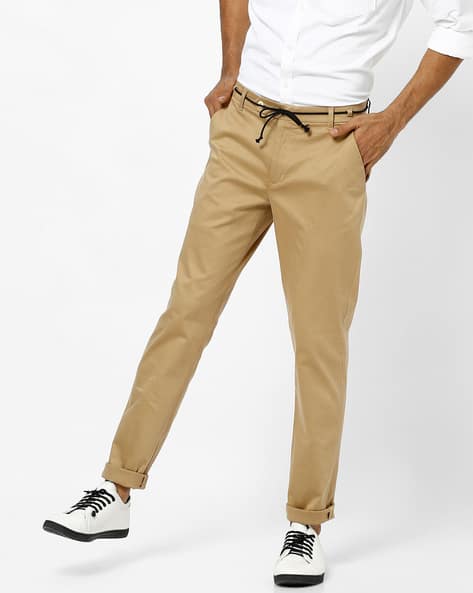 Slim Tapered Flat-Front Trousers with Tie-Up Belt