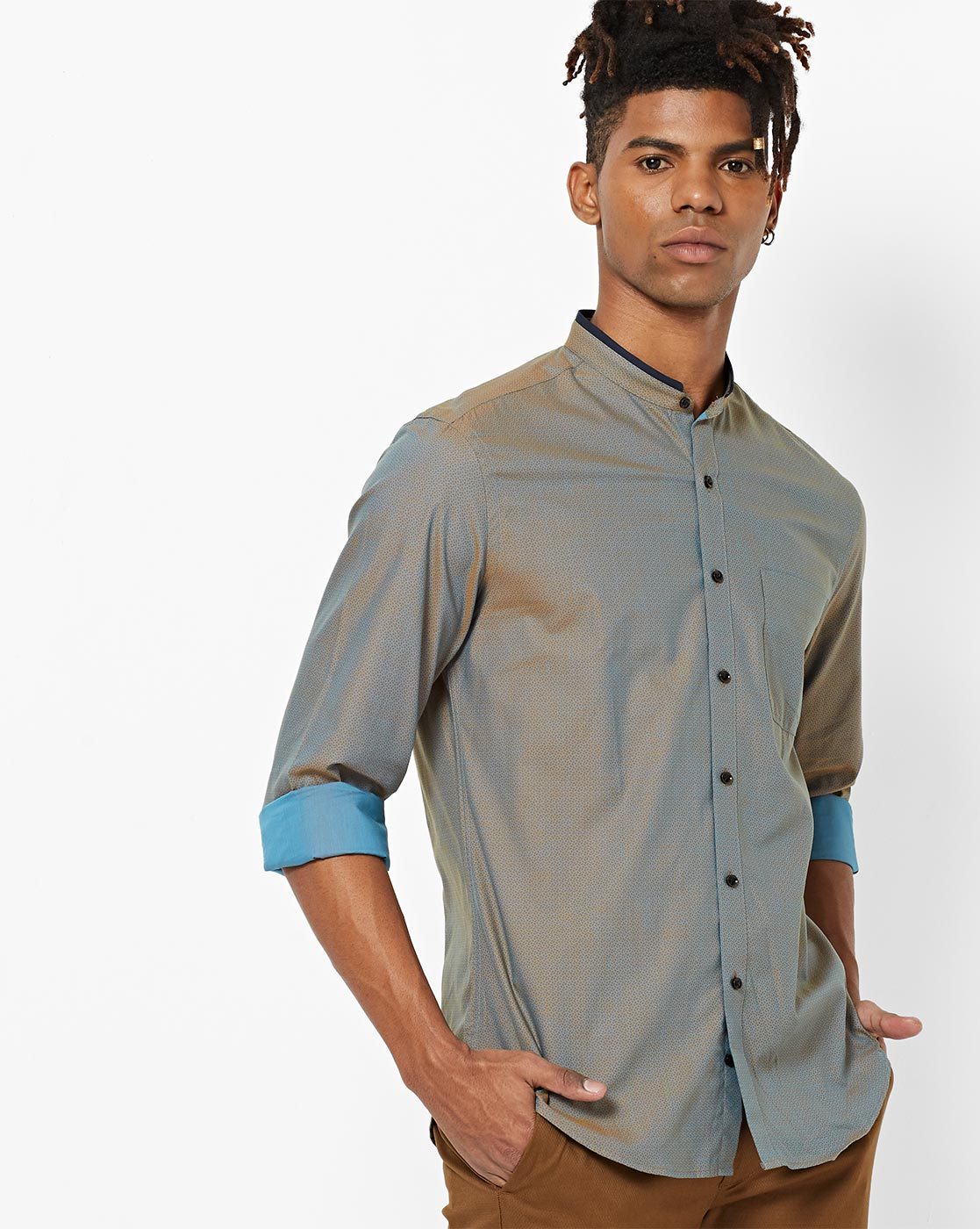 Dual Tone Band Collar Shirt