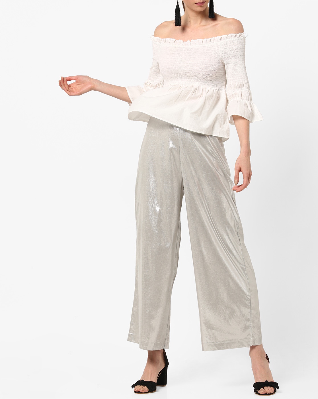 Buy INDYA Grey Foil Print Ruhani Silk Womens Regular Length Palazzo Pants   Shoppers Stop