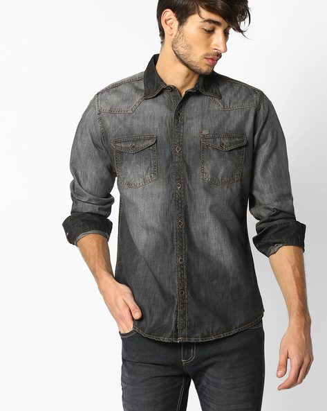 ASOS DESIGN skinny fit western denim shirt in gray | ASOS