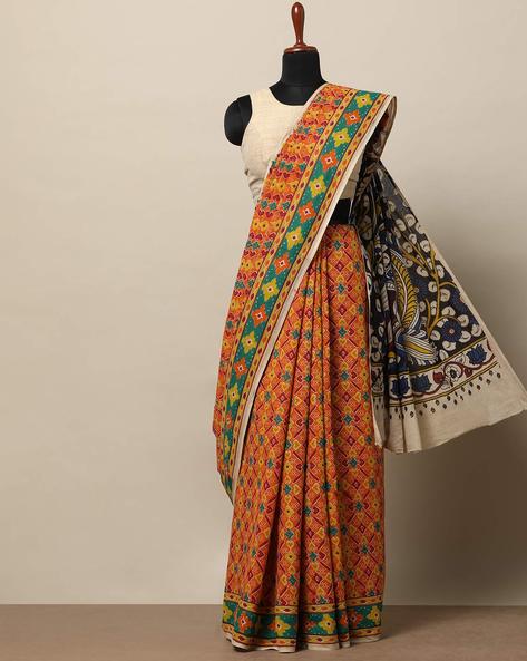 Handblock Kalamkari Print Cotton Saree by Indie Picks Online | Ajio.com |  Saree, Cotton saree, Women