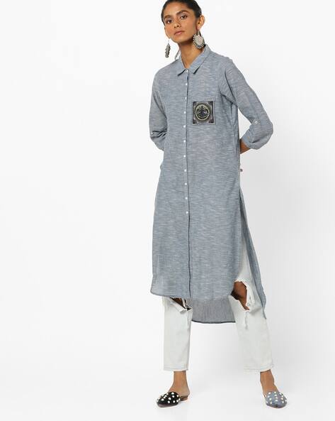 Textured High-Low Shirt Kurta With Patch Pocket By Melange By Lifestyle ( Blue )