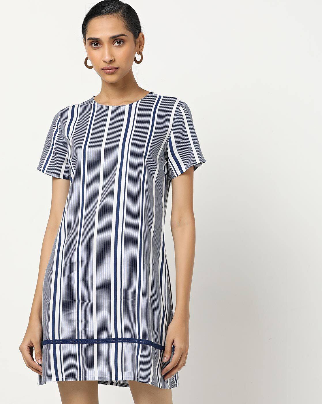 blue and white striped shift dress