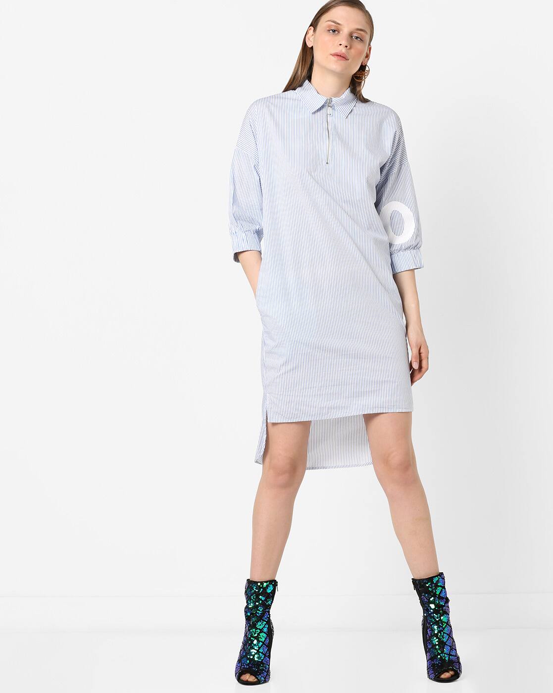 blue and white striped shift dress