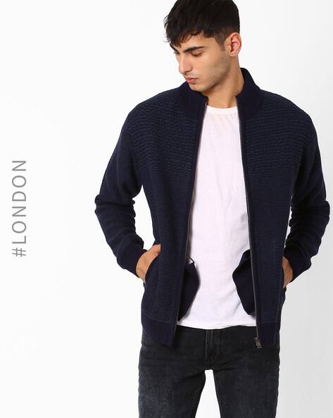 mens zipped cardigan with collar and side pockets