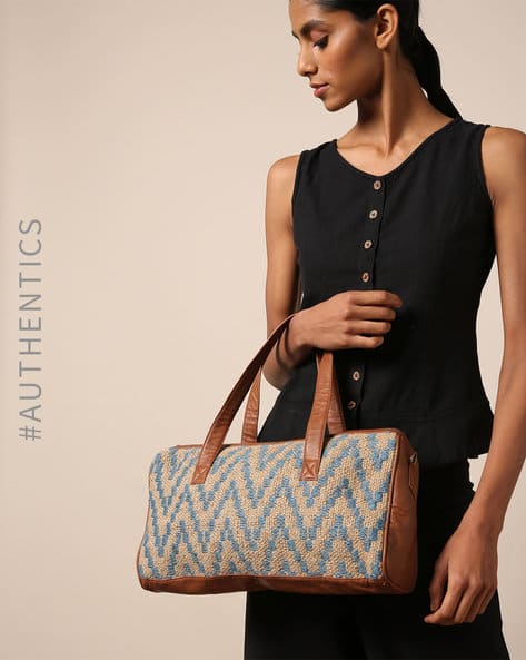 Handloom Jute Vegan Leather Duffle Bag By A BIG INDIAN STORY ( Tan ) - 460203255001