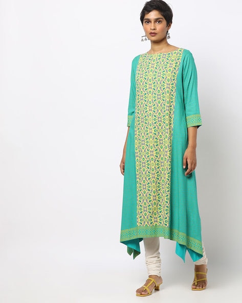 Floral Print A-line Kurta with Asymmetrical Hemline