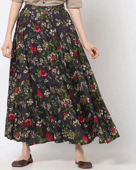 Floral Print Fared Maxi Skirt