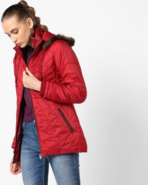 womens red padded jacket with fur hood