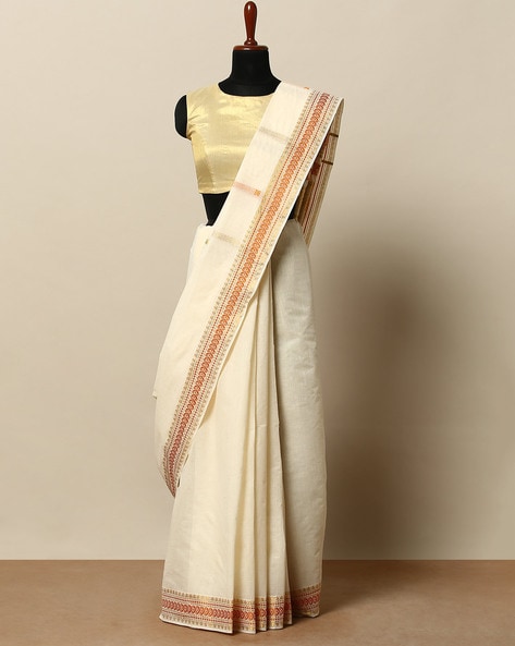 White Kasavu Saree with Green and Golden Zari Border and Pallu | Kasavu  saree, Saree, Zari