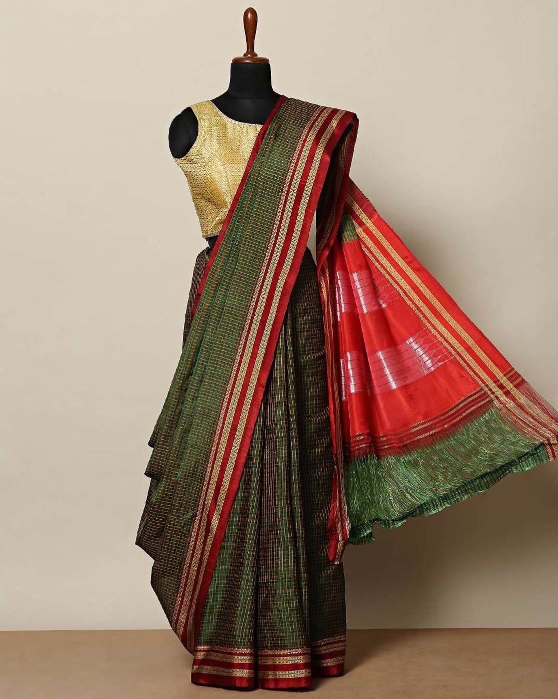 Traditional Ilkal Checkered Kunbi Inspired Saree – Essence of India