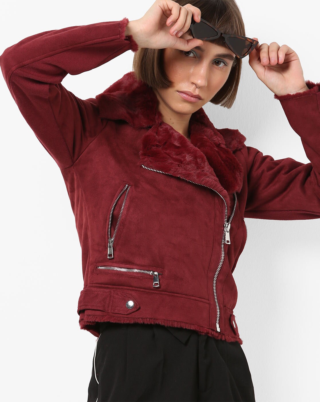 suede biker jacket burgundy