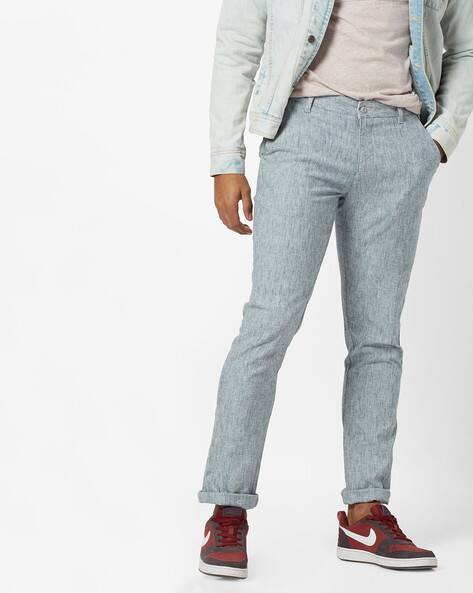 Textured Slim Fit Flat-Front Trousers By British Club ( Blue )