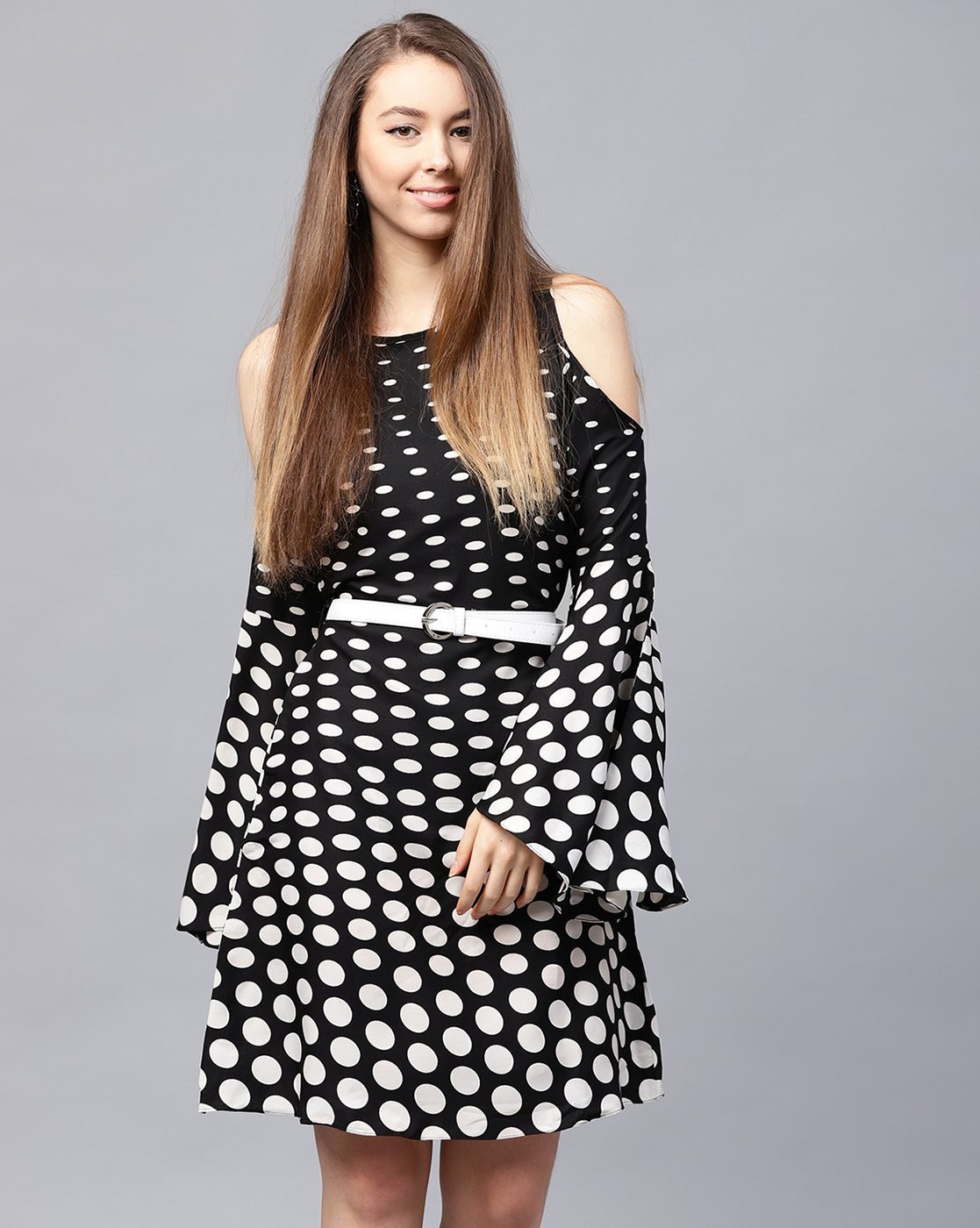 polka dot cold shoulder dress