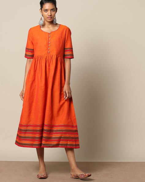 South Cotton Fit Flare Dress With Border