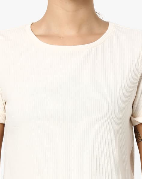 Ribbed Crew-Neck Top with Roll-Tab Sleeves (Image - 3)