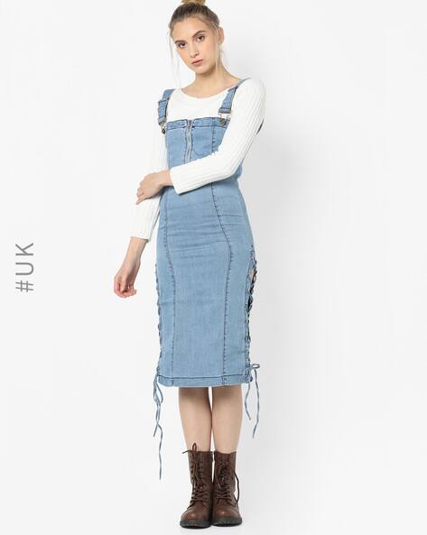 denim dungaree dress midi