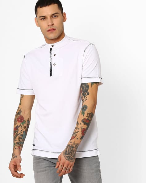 Cotton T-shirt with Band Collar
