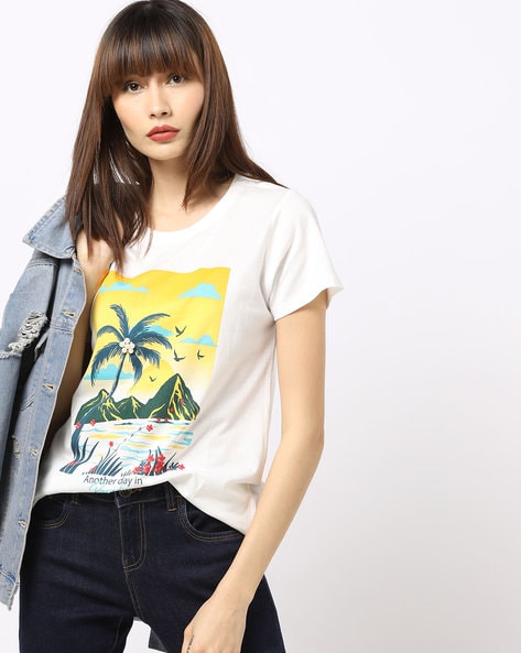 Graphic Print Longline Crew-Neck T-shirt