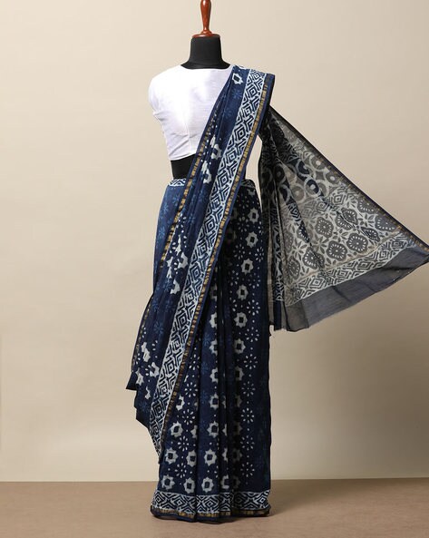 Party Wear Printed Rad and Black Ajarak Print Chanderi Silk Saree, With  blouse piece, 5.5 m (