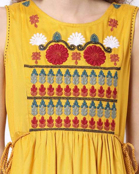 Embroidered A-line Dress with Tasseled Tie-Ups (Image - 3)