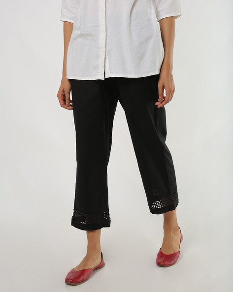 Mid-Rise Pants with Lace Trim Hems Price in India