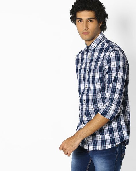 navy blue and white checkered shirt