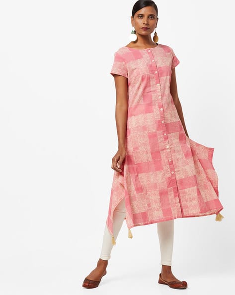 Printed Button-Down Kurta With Waterfall Hem By AJIO ( Coral )