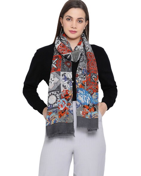 Abstract Print Scarf with Frayed Hem Price in India