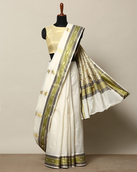 Buy Ivory Pure Kerala Kasavu Cotton Saree-UNM73042 Online at  Unnatisilks.com|UNM73042