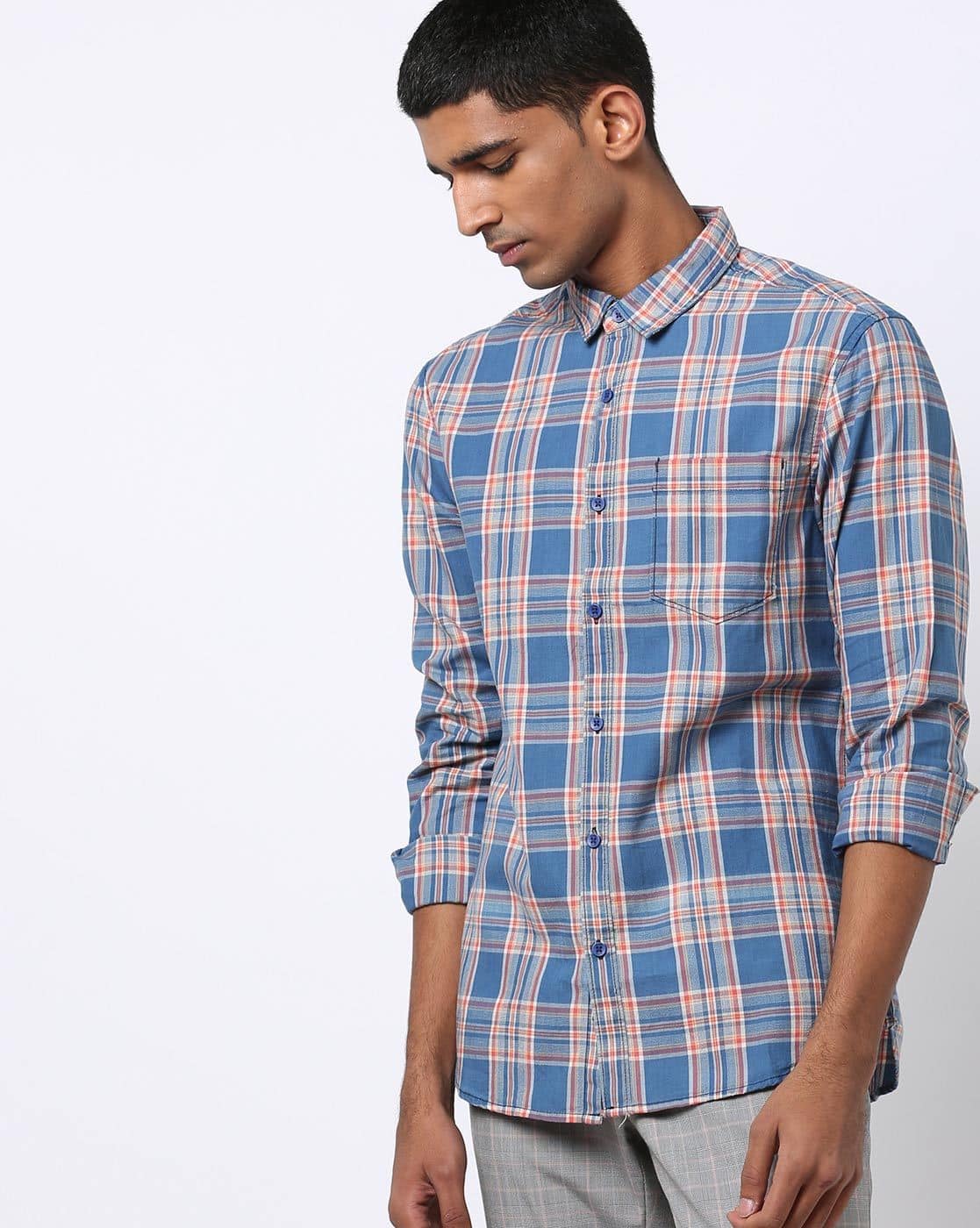 checked slim fit shirt with patch pocket