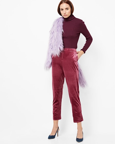 Buy Women Purple Velvet Fitted Pants - Feed-Bottoms - Indya