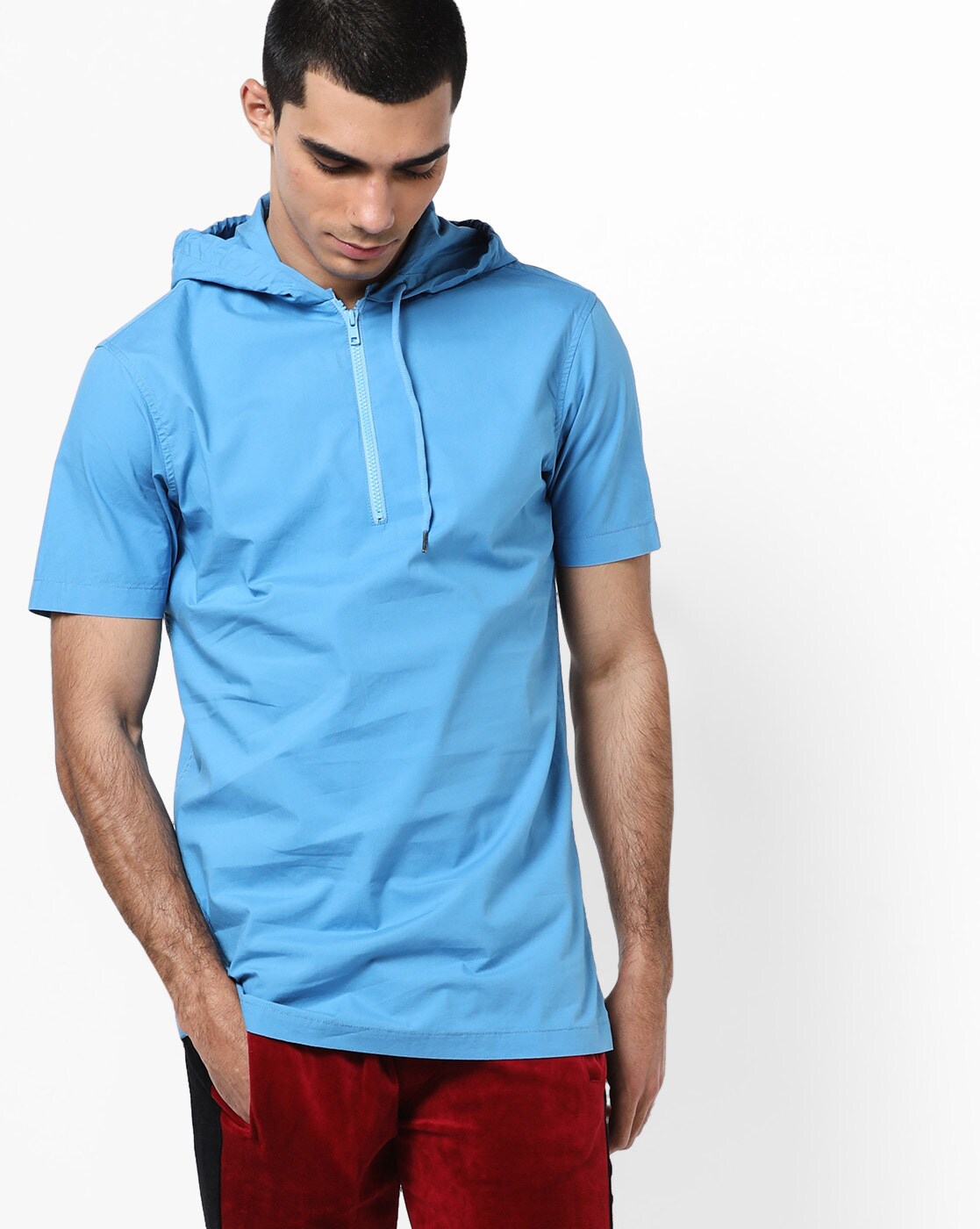 blue hooded shirt