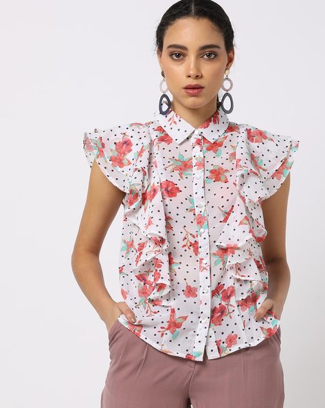 Floral Print Ruffled Shirt Top