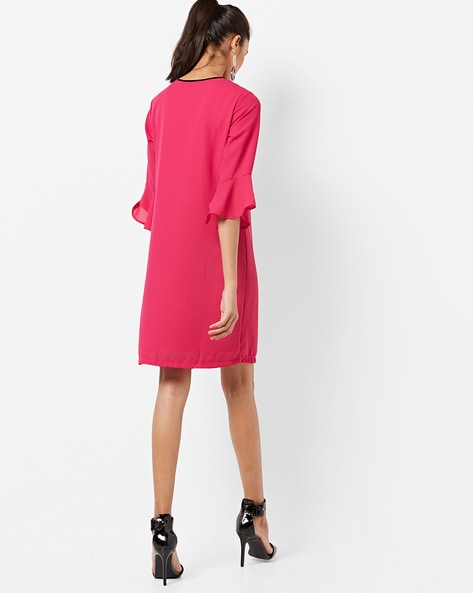 Shift Dress with Contrast Neck Tie Up