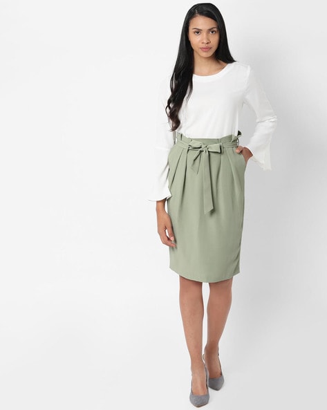 green pencil skirt with belt loops