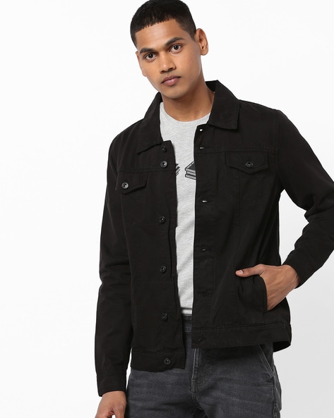 Buy Blue Saint Men Black Solid Denim Jacket - Jackets for Men 9823447 |  Myntra