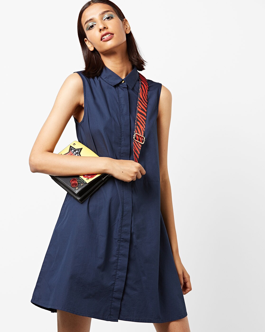 navy sleeveless shirt dress