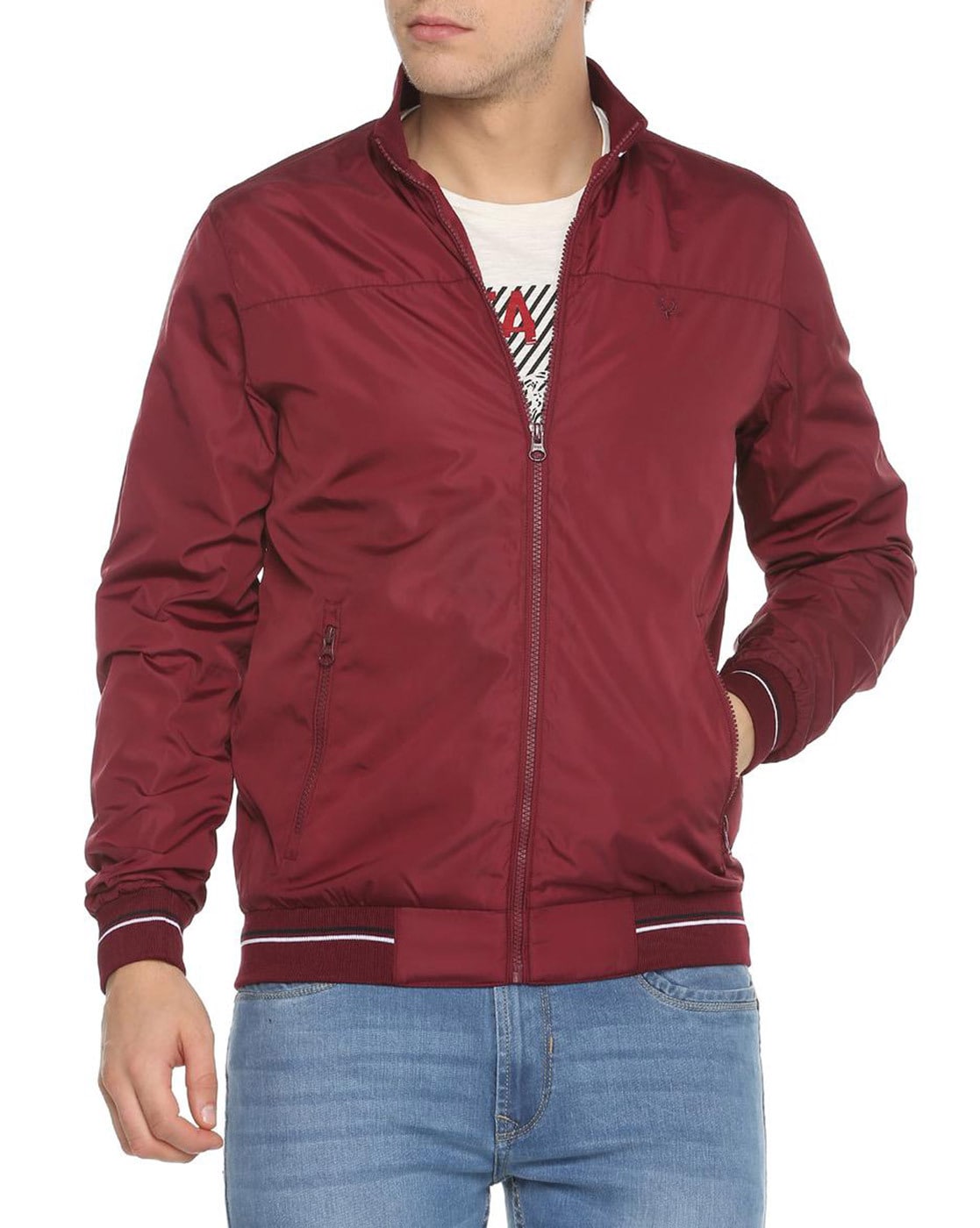 Buy Allen Solly Men Red Solid Bomber jacket Online at Low Prices