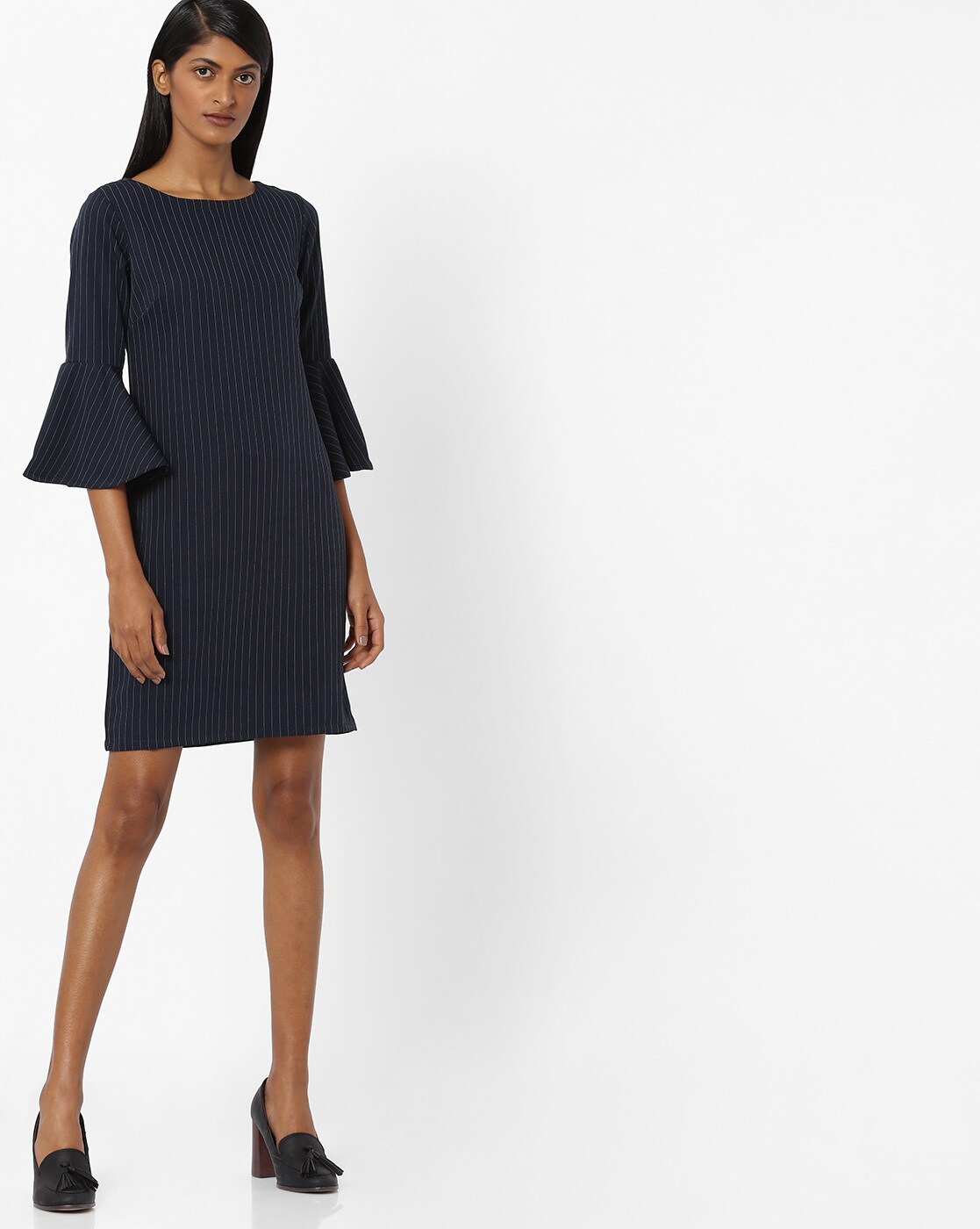 navy shift dress with sleeves