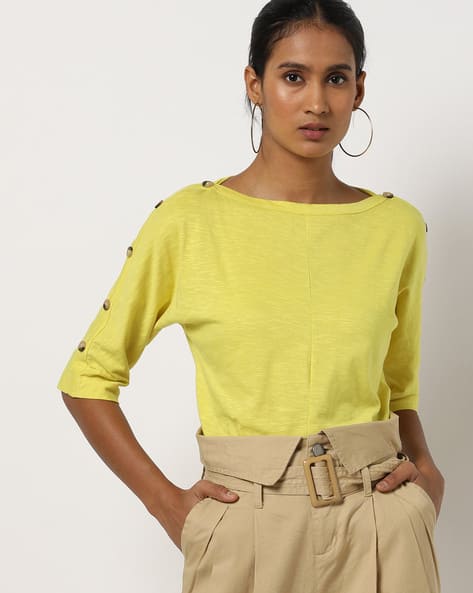Textured Boat-Neck Top with Dual-Toned Buttons