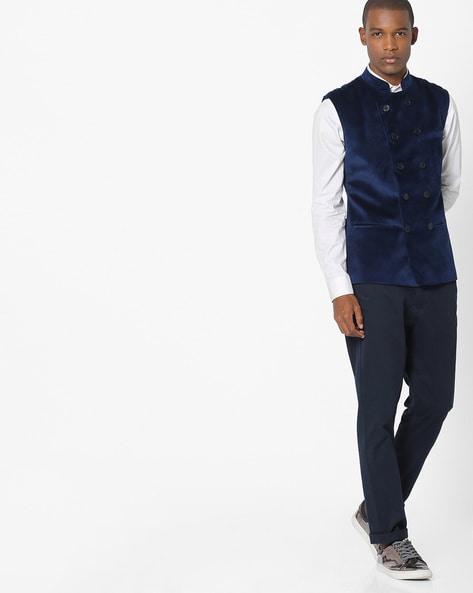 Velvet Nehru Jacket - Navy