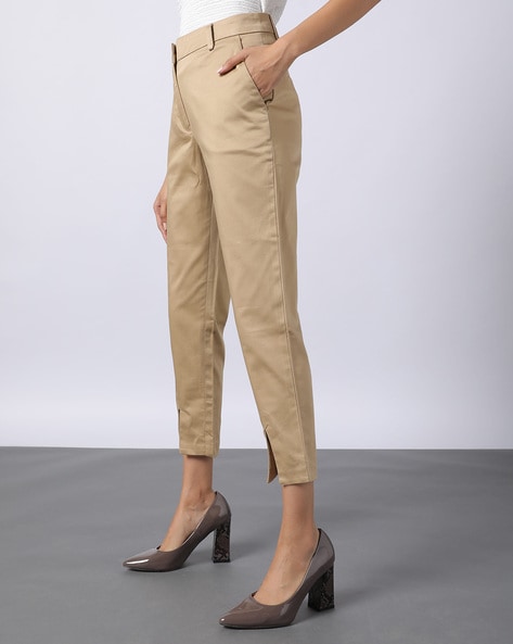 Frenchtrendz  Frenchtrendz Womens Ankle Length Front Belt And Back  Elasticated Poplin Lycra Beige Pant