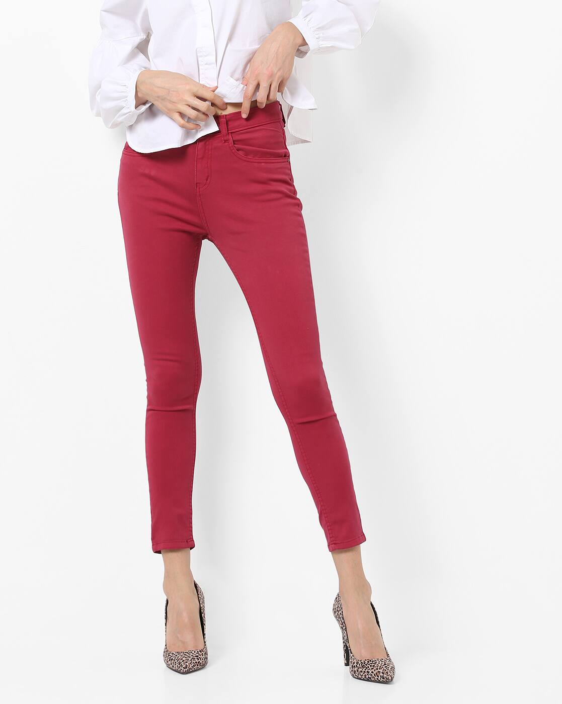 red denim jeggings