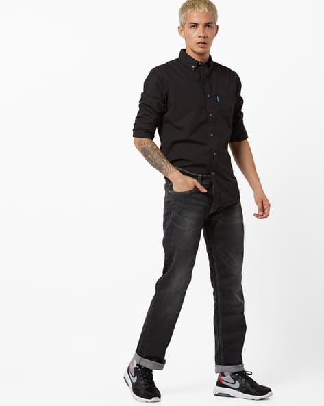 Lightly Washed Low-Rise Flared Jeans (Image - 1)