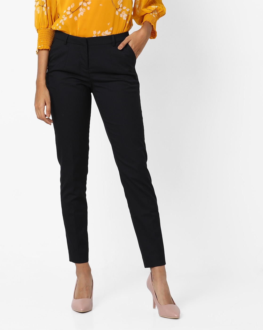 Buy Wills Lifestyle Women Navy Blue Slim Fit Solid Formal Trousers   Trousers for Women 2093916  Myntra
