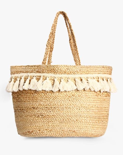 Textured Jute Bag with Tasseled Panel