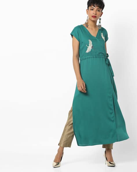 Embroidered Kurta With Overlapping Front By AJIO ( Green )